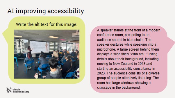 An interaction in ChatGPT where an image is uploaded with the command "Write the alt text for this image" and a paragraph of text is produced as the alt text