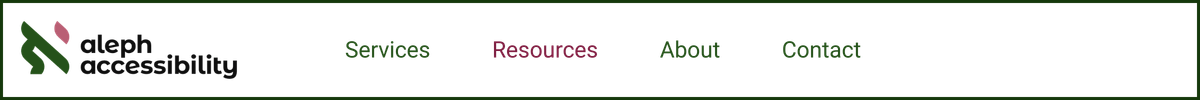 Nav bar with logo on left, and links Services, Resources, About, Contact. All text is in green except Resources is in dark pink