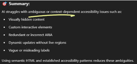 ChatGPT summarizing what accessibility issues it struggles with. Full text directly below image.