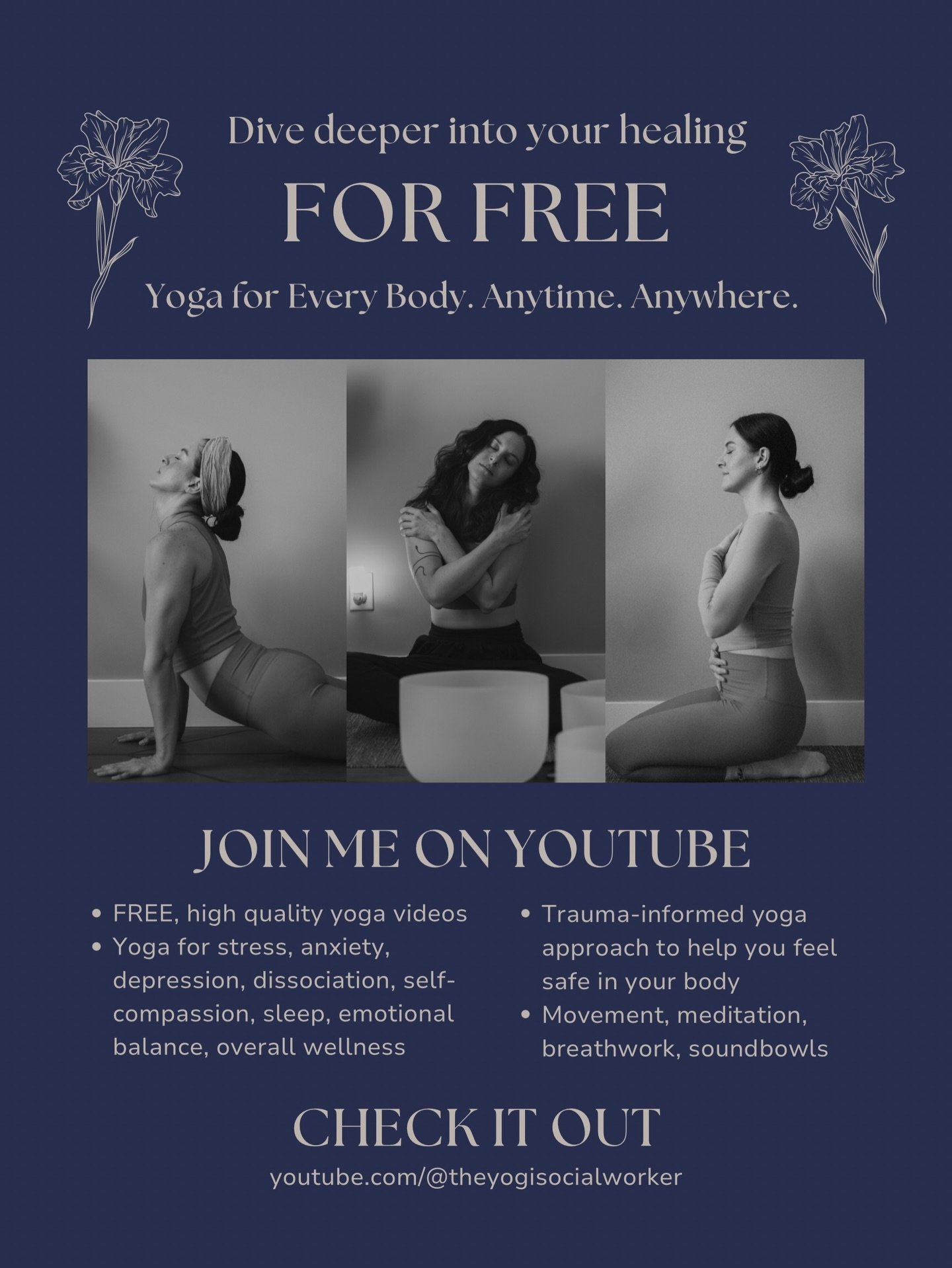 ✨Free yoga classes on YouTube were the jumpstart to my mental health journey, and I love giving that back to others ✨no excuses not to show up for yourself with free, accessible yoga classes for your mental health 💛 new videos are currently on pause