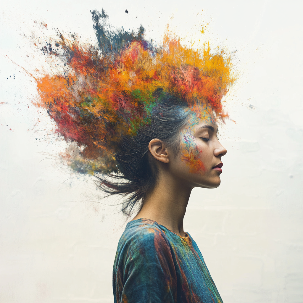 Woman practicing meditation and art journaling in a creative mindfulness workshop.