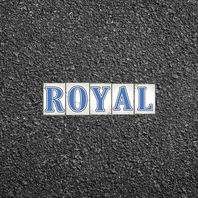 Asphalt pavement with the street name Royal in blue and white tile.