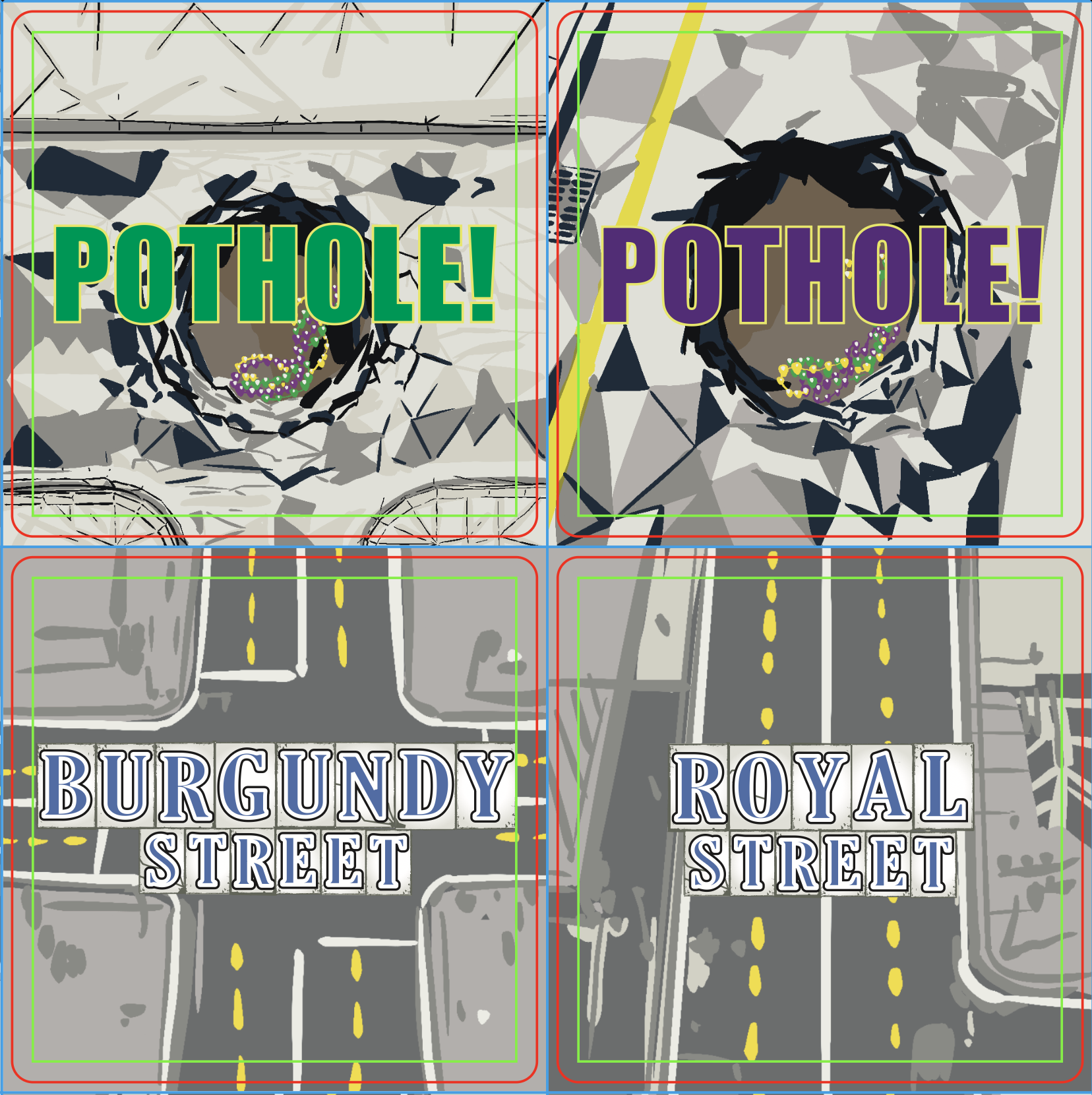 Four game cards from the game Pothole!