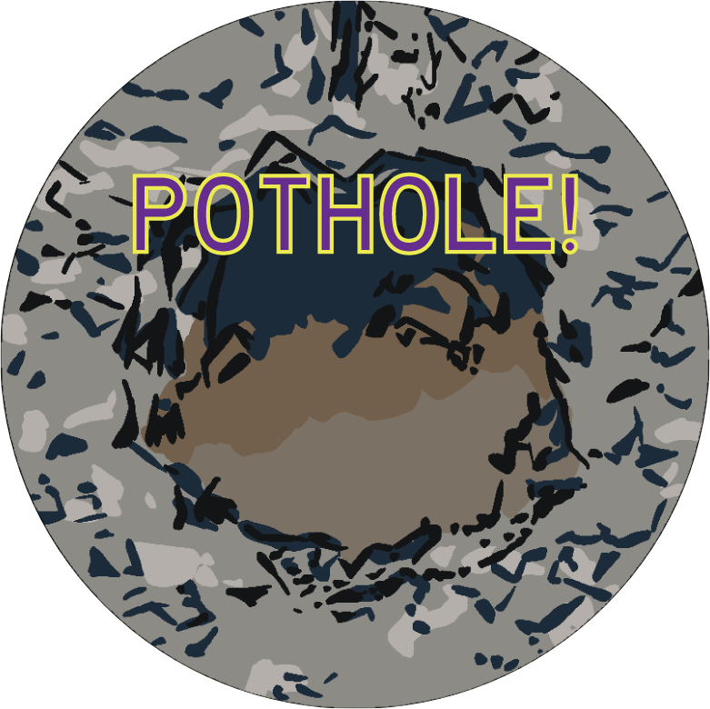 A circular image showing the surface of the moon with a crater and the word 'POTHOLE!' written across it in large purple letters with a yellow outline.