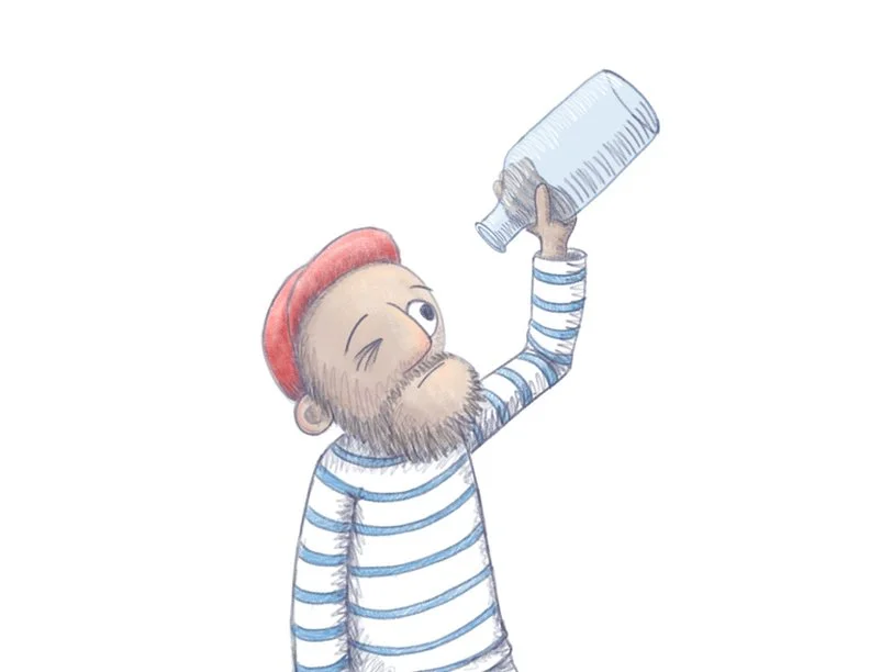 Illustration for a kid's book. Kidlitart. Pencil style drawing of a fisherman looking into a bottle. Created by a children's book illustrator.