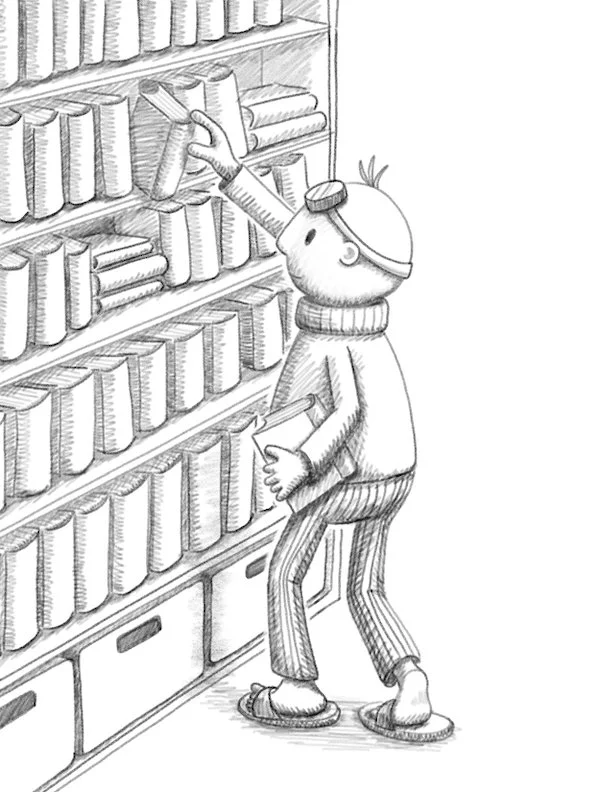 Black and white (B&W) illustration of a professor scouring his bookshelf. He is wearing striped trousers and a wooly turtleneck jumper.  It is a pencil style drawing for a children's book.