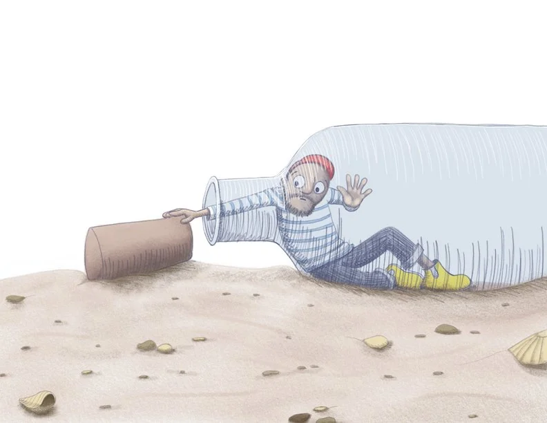 Illustration of a fisherman inside a bottle on the sand. Pencil-style drawing. Kidlitart.