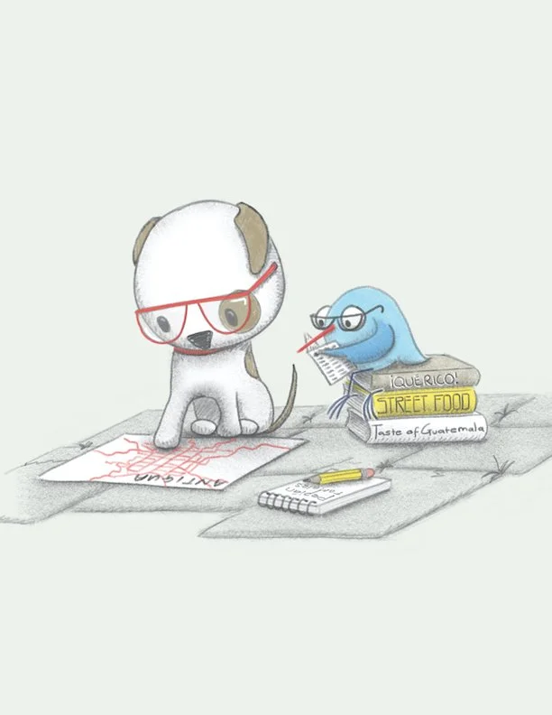 Illustration of a dog and a bird reading a map and books. Cute illustration for children's book.