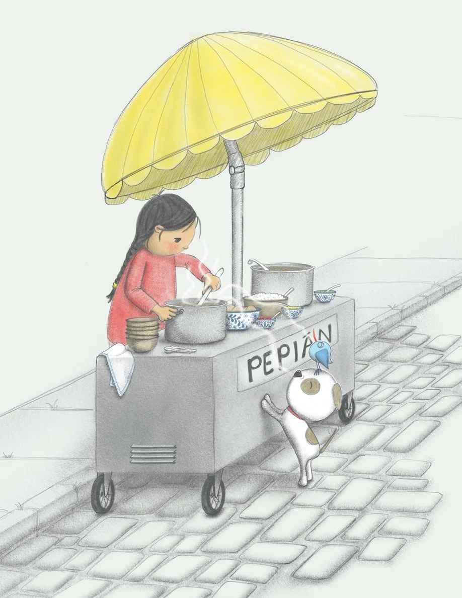 Illustration of a dog and bird at a pepian food stall. Illustration for a children's book.