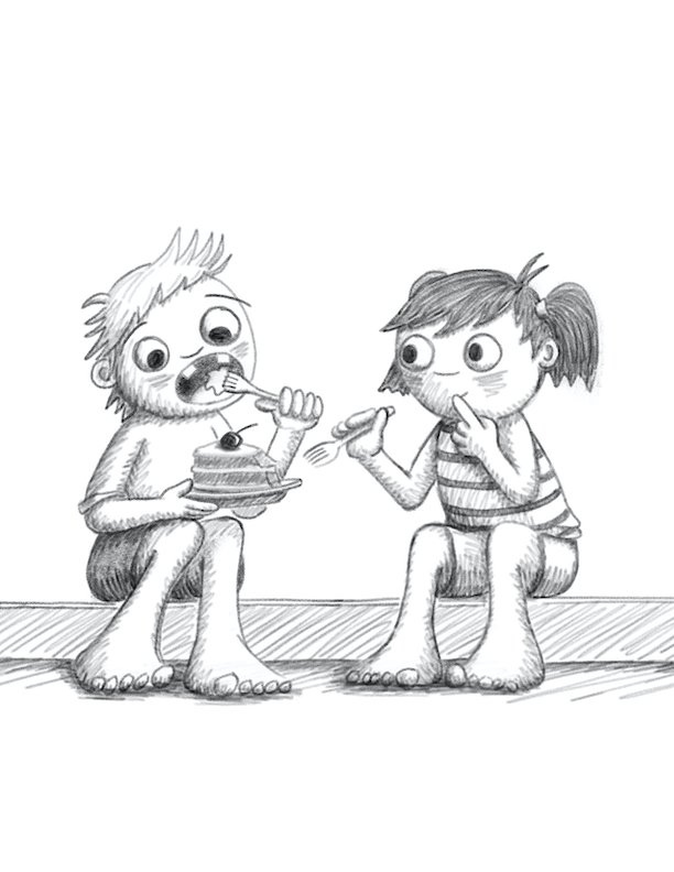 Black and white drawing in a cartoon illustrative style of children eating cake. Kidlitart by a children's book illustrator