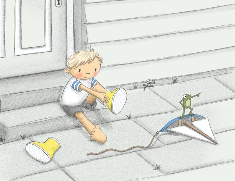 Illustration of a cute little boy putting on welly boots and a cute frog standing on a toy boat. Illustration for a children's book.