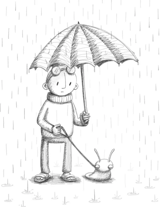 Pencil style drawing in black and white (B&W) of a professor and his pet slug under an umbrella in the rain. It is an illustration for a children's storybook.