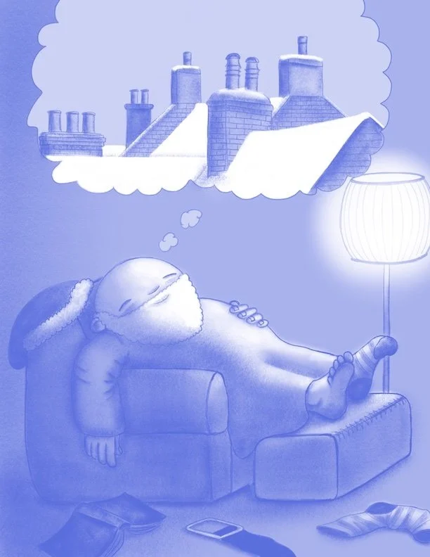 Illustration of Santa Claus asleep in his armchair dreaming of chimneys. Art for a picture book.