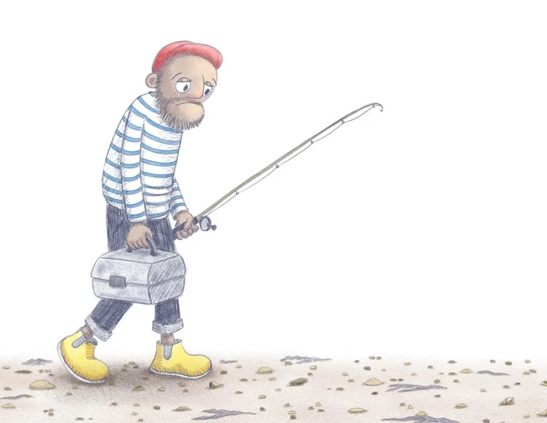 Illustration of a sad fisherman walking up a beach. Illustration for a kid's book.