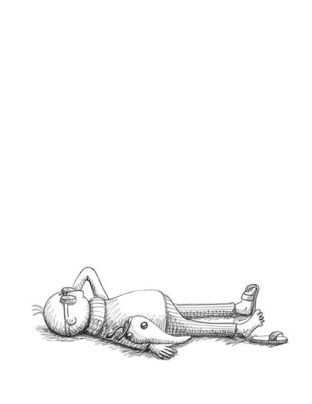 Black and white children's book illustration of a professor and his pet slug lying down and gazing at the sky.