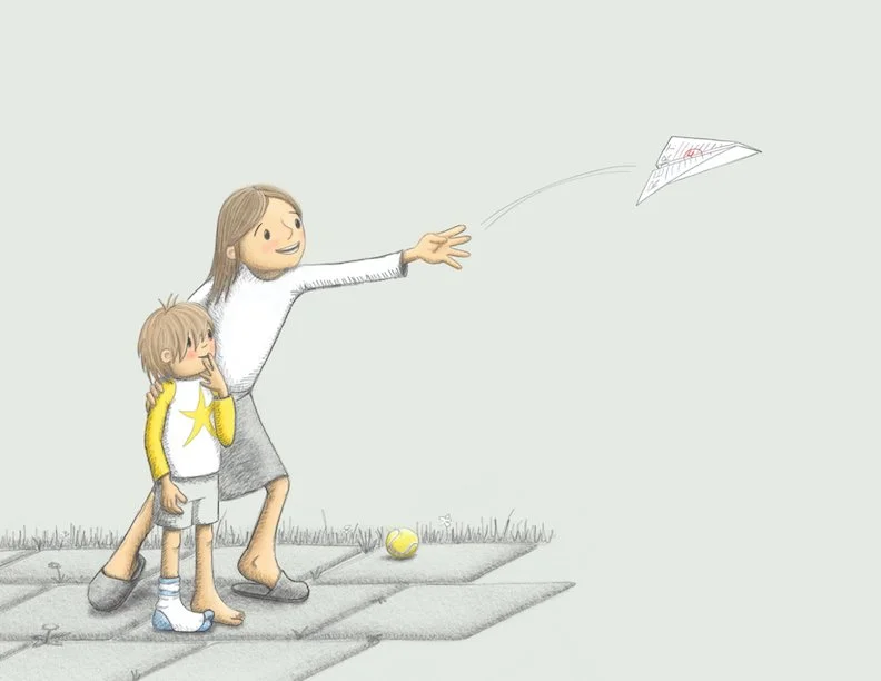 Children's book illustration of a boy and his mum drawn by an illustrator. Pencil style. Kidlitart. Art.