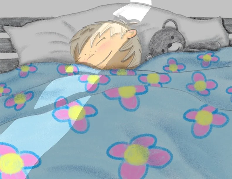 Illustration of a sleeping child with his teddy bear under a flower-print blanket. Illustration for a kid's book.