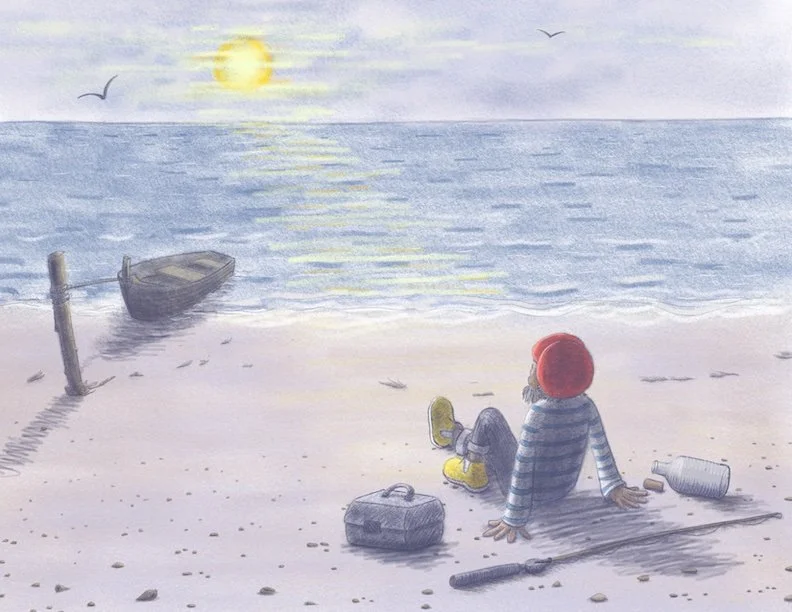 Pencil style drawing of a fisherman on a beach looking out to sea. Created by a children's book illustrator. Kidlitart. Illustration.