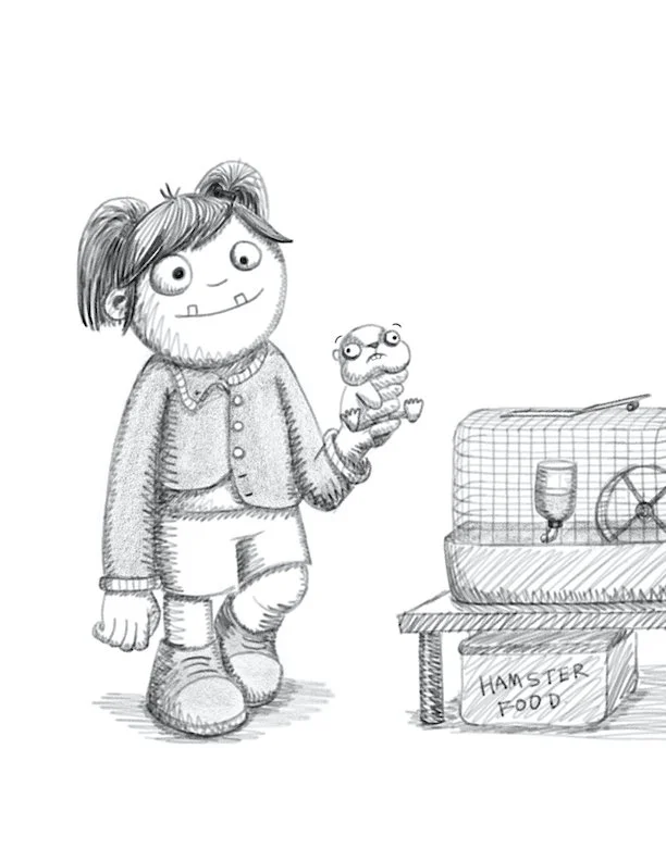 Black and white illustration of a young girl and her pet hamster. She is wearing a mis-buttoned cardigan and her hair is in bunches. She loves her hamster and is squeezing it tightly. It is a pencil style drawing for a children's book.