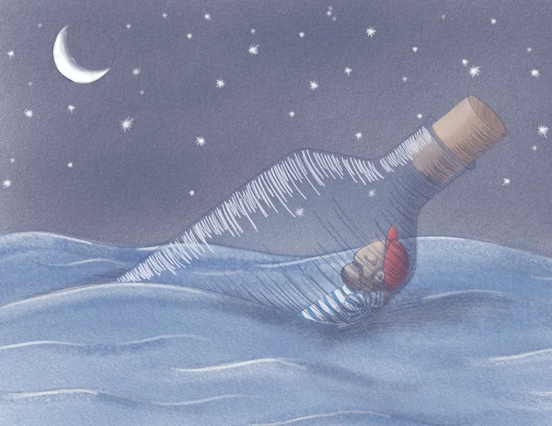 Illustration of a fisherman asleep in a bottle floating out to sea under a starry sky with a crescent moon. Illustration for a kid's book.