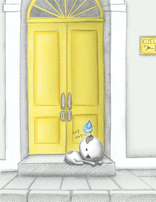 Illustration of a dog and a bird in a doorway. Illustration of a yellow door. Illustration for children's book.