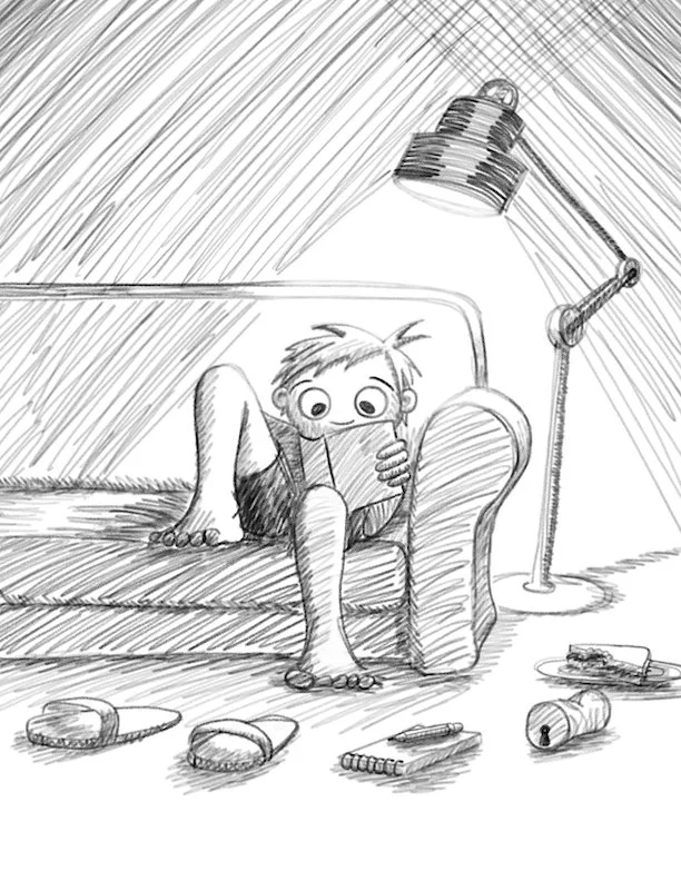 Pencil style drawing of a boy reading a book. black and white (B&W) kidlit illustration.