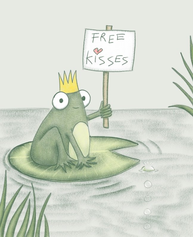 Illustration of a frog wearing a crown, sitting on a lily pad, holding a sign. Cute frog illustration for a children's story.
