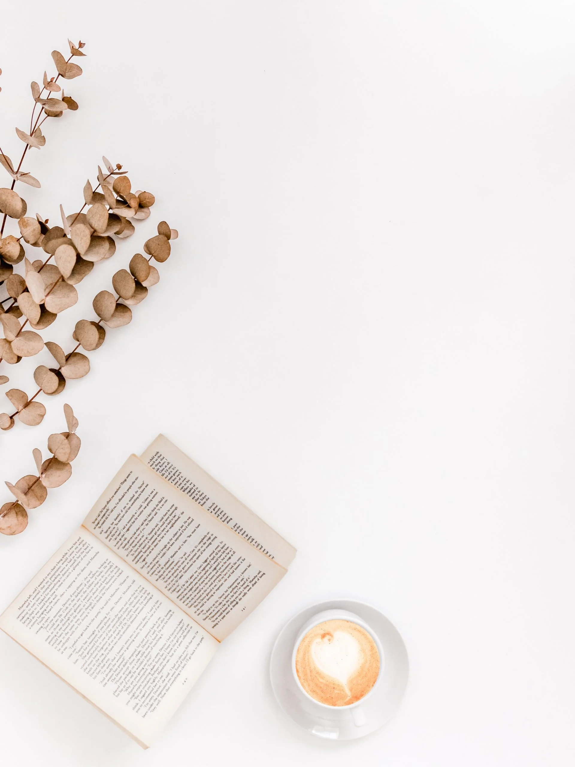 Open book, cup of coffee with latte art, and dried eucalyptus branch on a white surface.