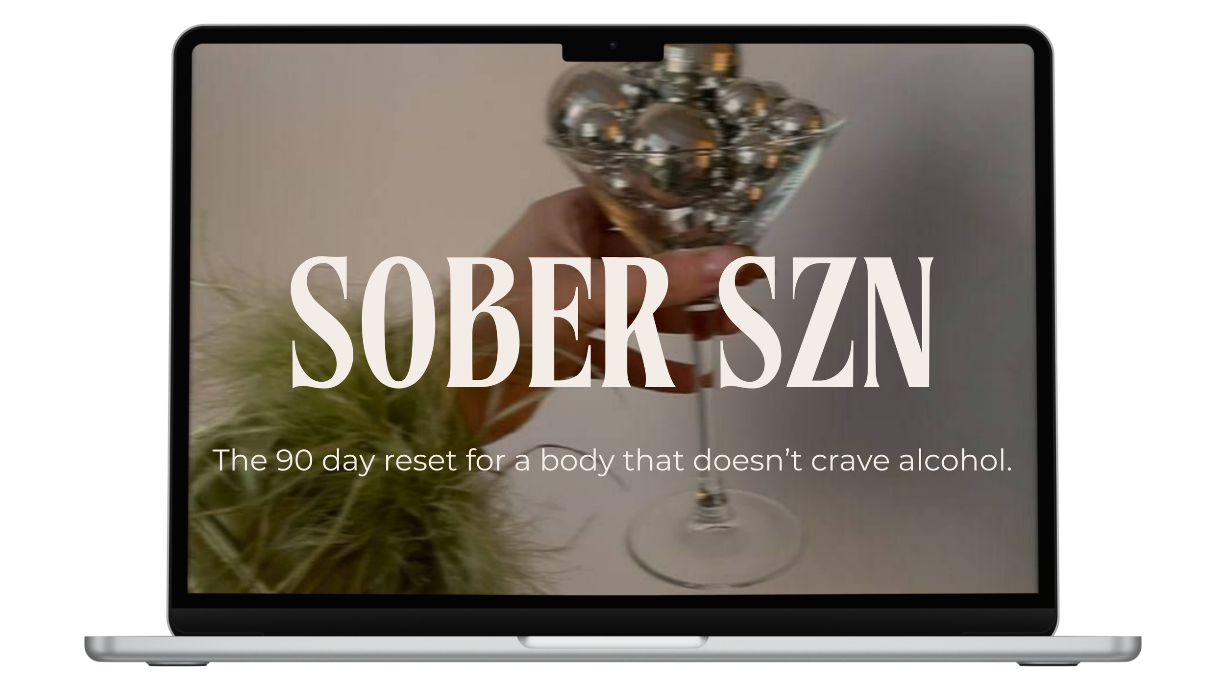 Laptop screen displaying a hand holding a glass of red wine with text 'SOBER SZN' and a subtitle 'The 90 day reset for a body that doesn't crave alcohol.'