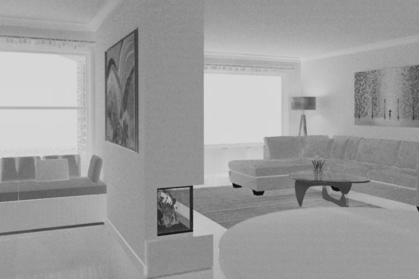 Interior of house showing living room, fire place and window seat.