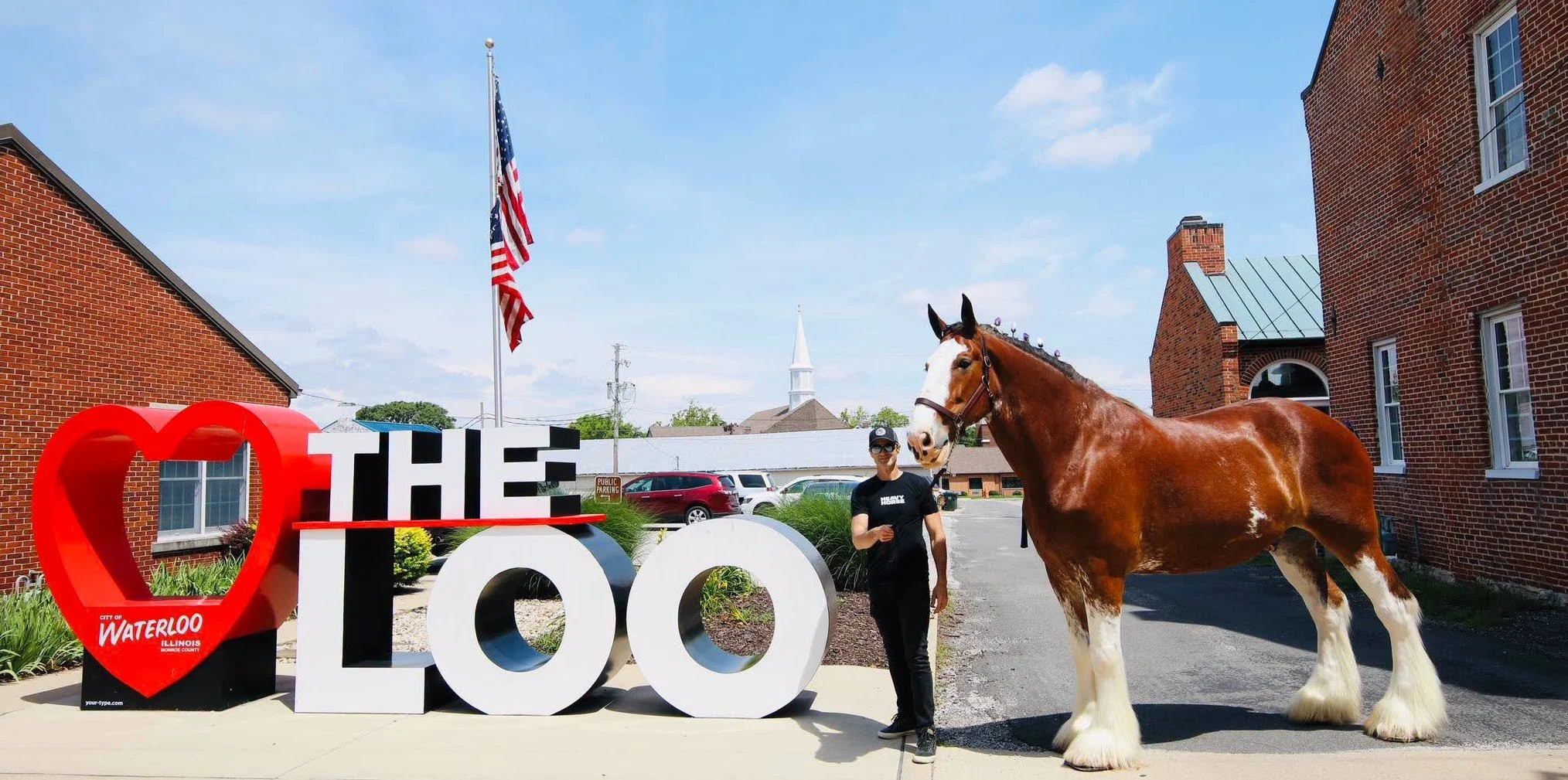 A Clydesdale horse from JFP Equine stands beside the "I Love Waterloo" sign in Historic Downtown Waterloo, Illinois, one of the top things to do near St. Louis.