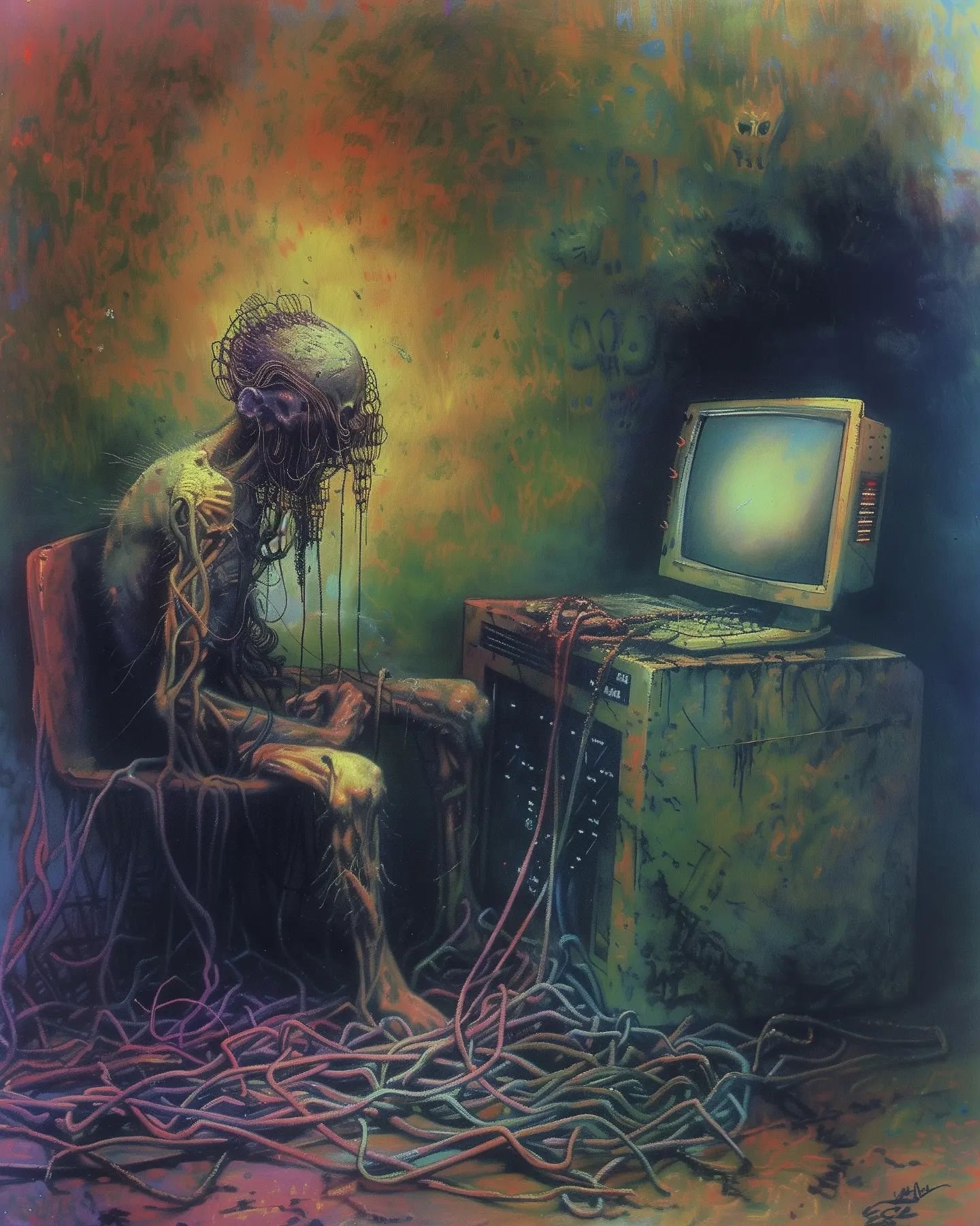Plugged in. 

Inspired by the works of Zdzislaw Beksinski.

#ai #aigeneratedart #aiartcommunity #midjourneyai #midjourney #midjourneyart #horror #horrorart #macabre #macabreart #goodgrief