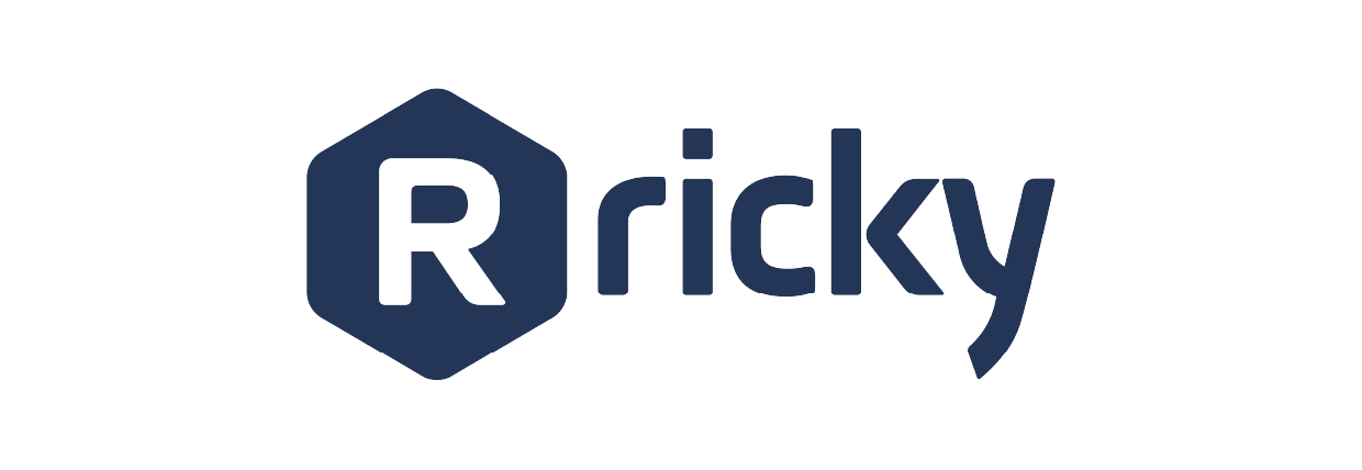 Ricky logo with a dark blue hexagon containing a capital R to the left of the word 'Ricky' in dark blue font.