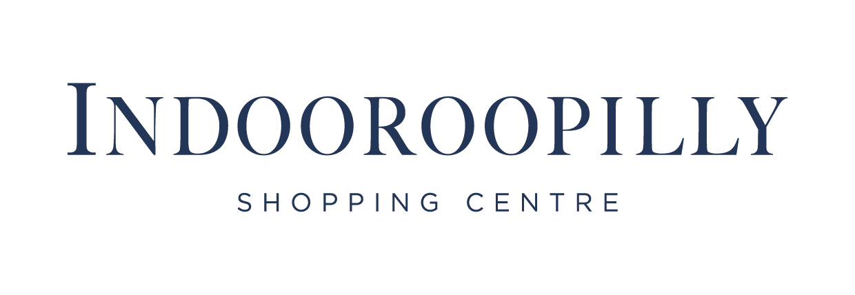 Logo of Indooroopilly Shopping Centre with the name in large blue font and 'SHOPPING CENTRE' below in smaller letters.