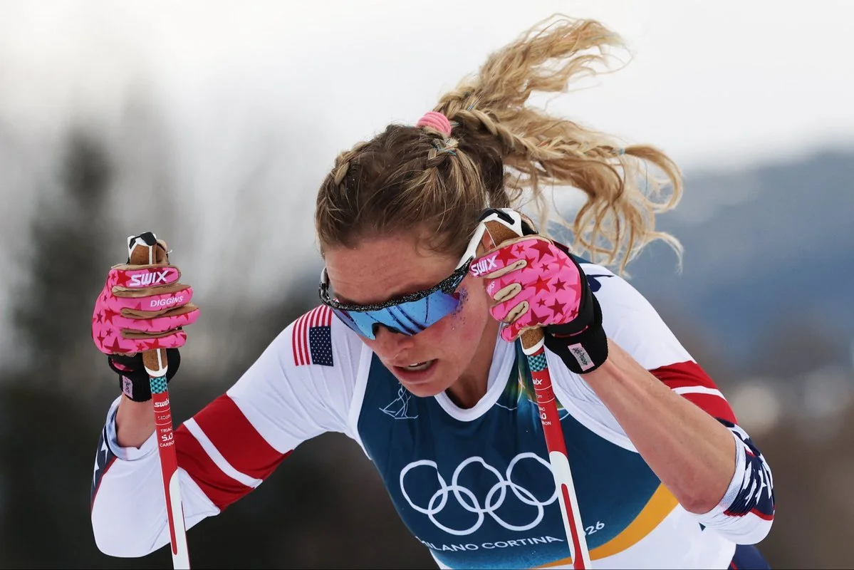 USA's Jessie Diggins competes during the women's cross country 10km and 10km skiathlon event of the Milano Cortina 2026 Winter Olympic Games at Tesero Cross-Country Skiing Stadium in Lago di Tesero on February 7, 2026