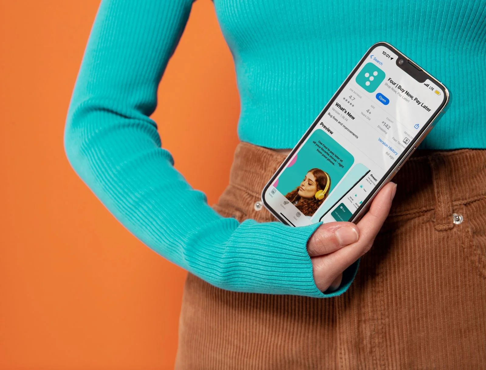 Mobile UI mockup designed by Kristina Vilyams for Four, featuring polished visuals, bold typography, and a clean Buy Now, Pay Later checkout layout.