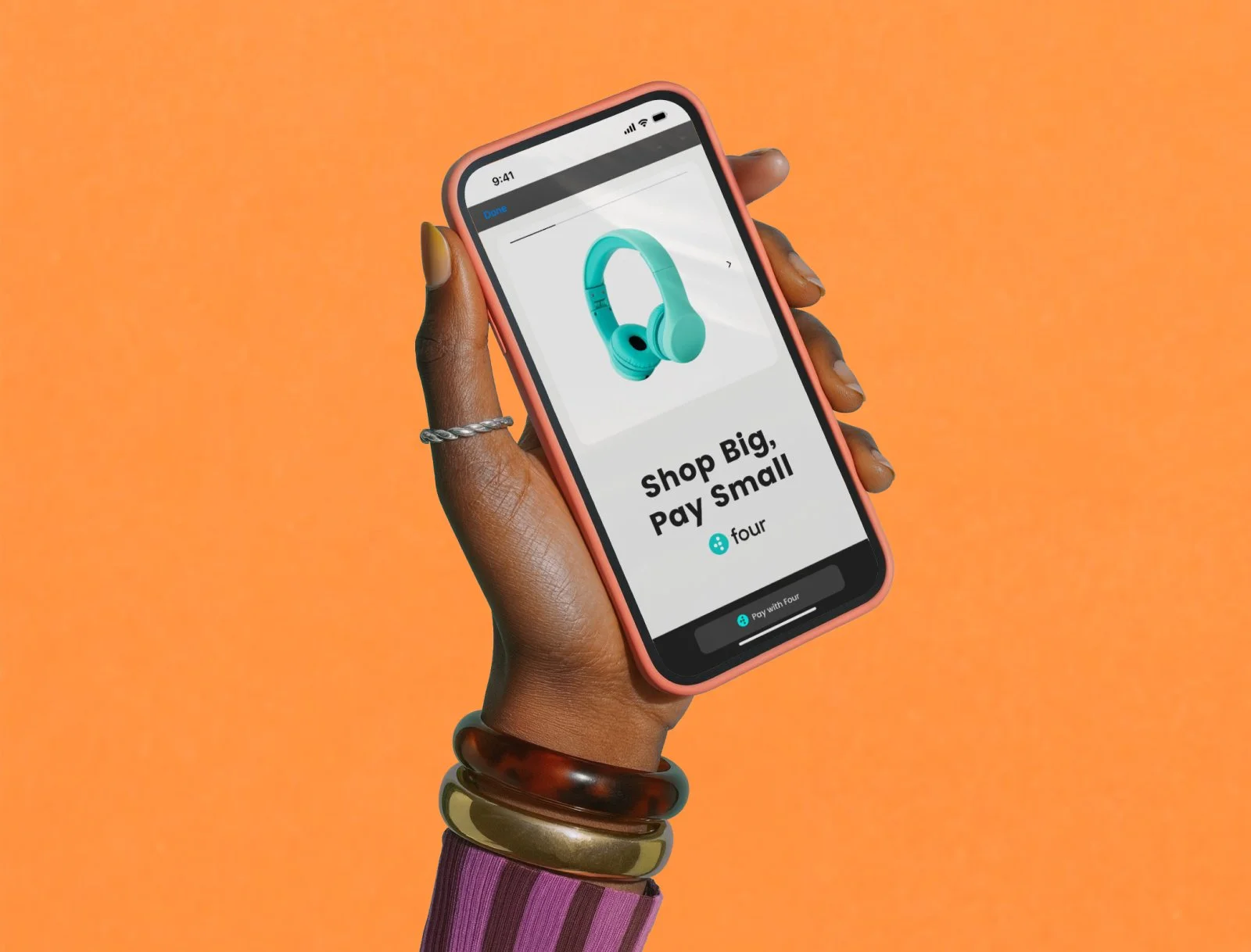 Mobile UI mockup designed by Kristina Vilyams for Four, featuring polished visuals, bold typography, and a clean Buy Now, Pay Later checkout layout.