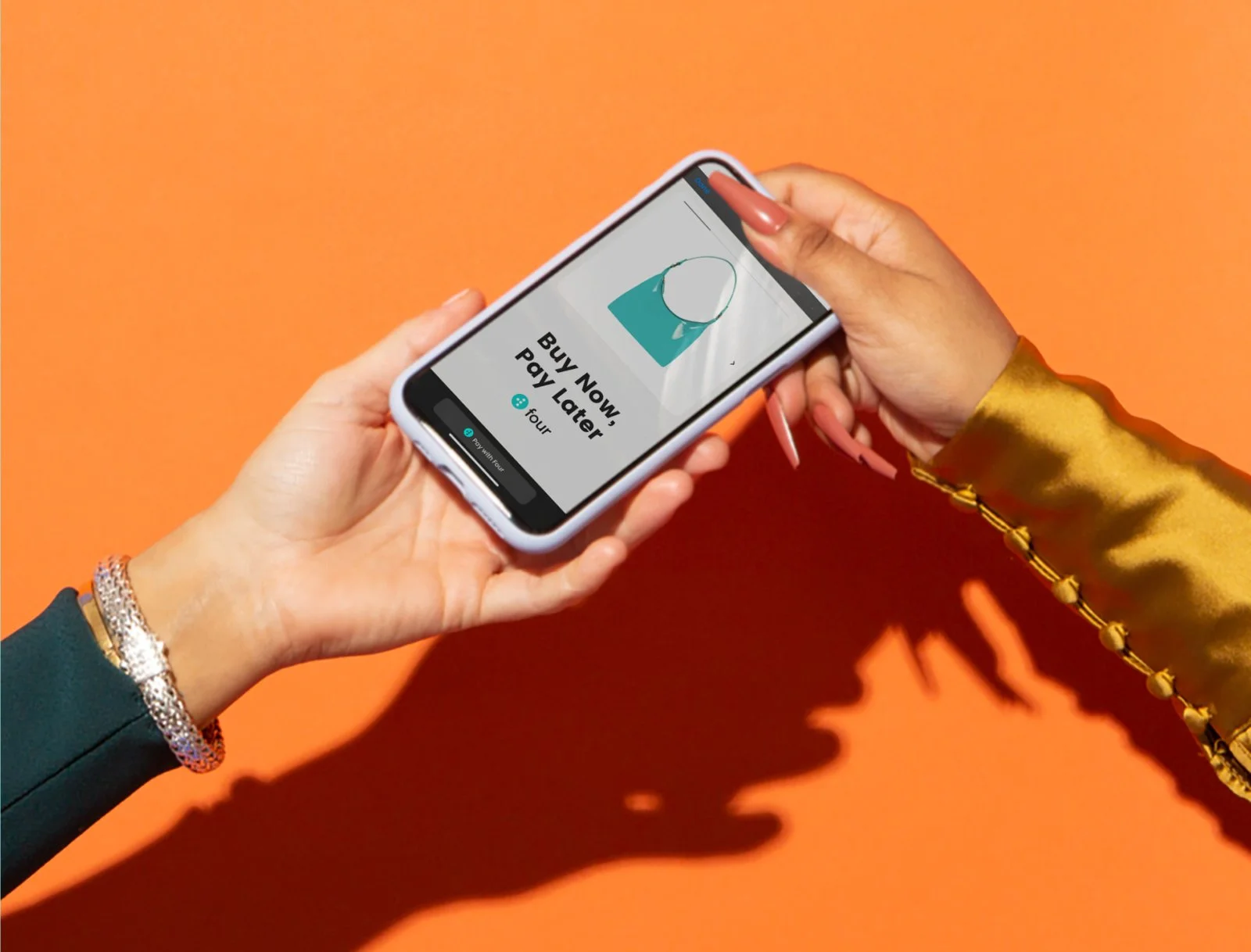 Mobile UI mockup designed by Kristina Vilyams for Four, featuring polished visuals, bold typography, and a clean Buy Now, Pay Later checkout layout.
