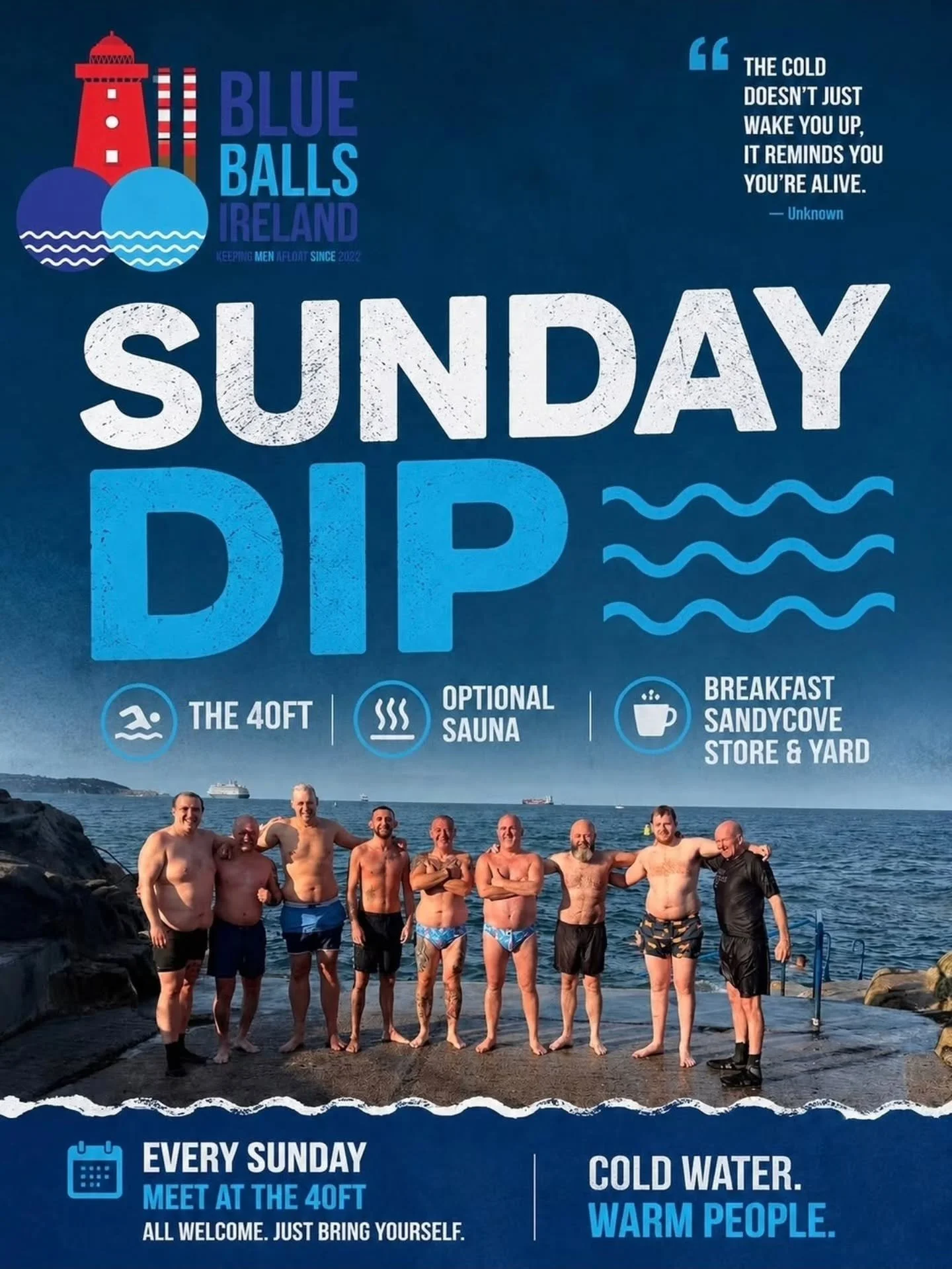 Join us at 8.30am tomorrow morning for a.dip to start your Sunday. Optional sauna and  breakfast afterwards at @sandycove_store_and_yard 

#MensConnection #menhelpingmen #itsgoodtotalk
