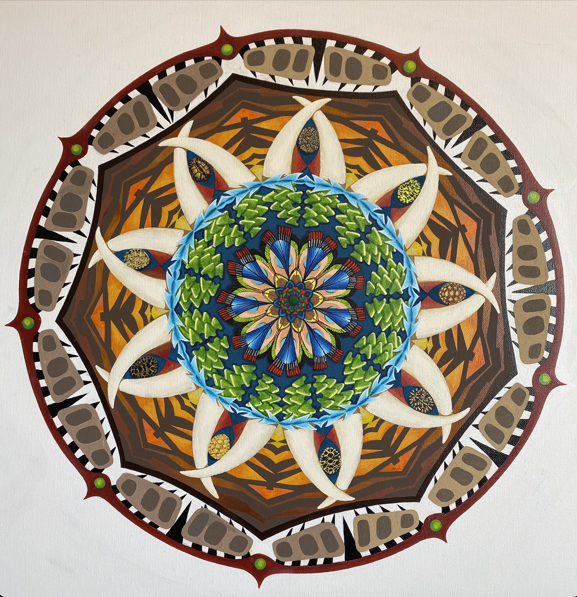 Original square painting using referencing: Tiger; Zebra; leopard; bird; tortoise shell; lizard scales; butterfly wings; elephant tusks, Mandala in natural colours of animal skins and patterns, in acrylic on a stretched canvas