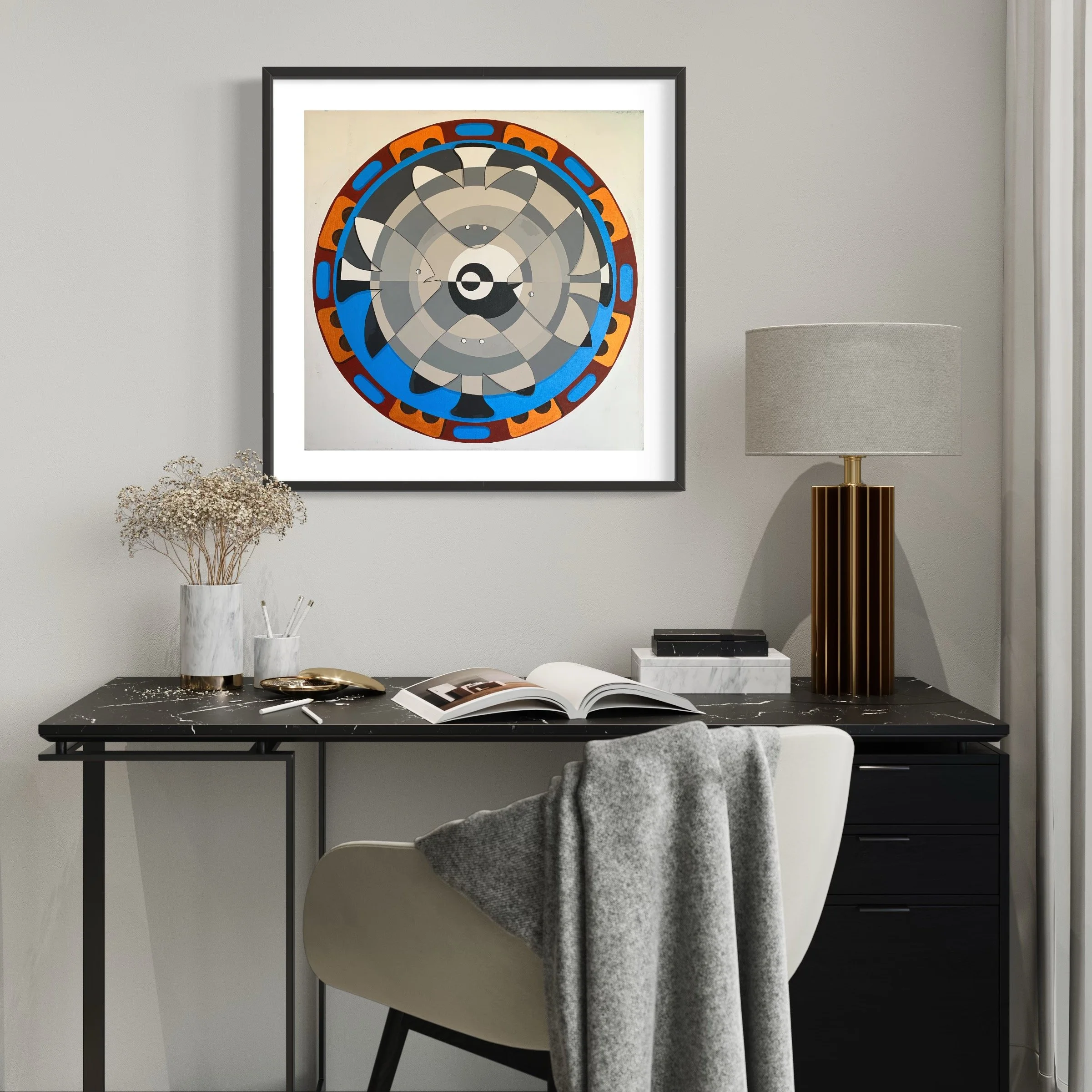 Multicoloured Acrylic Mandala showing four directional fish overlaid onto a Crop Circle in tones of grey with an encircling blue river bordered by copper shapes