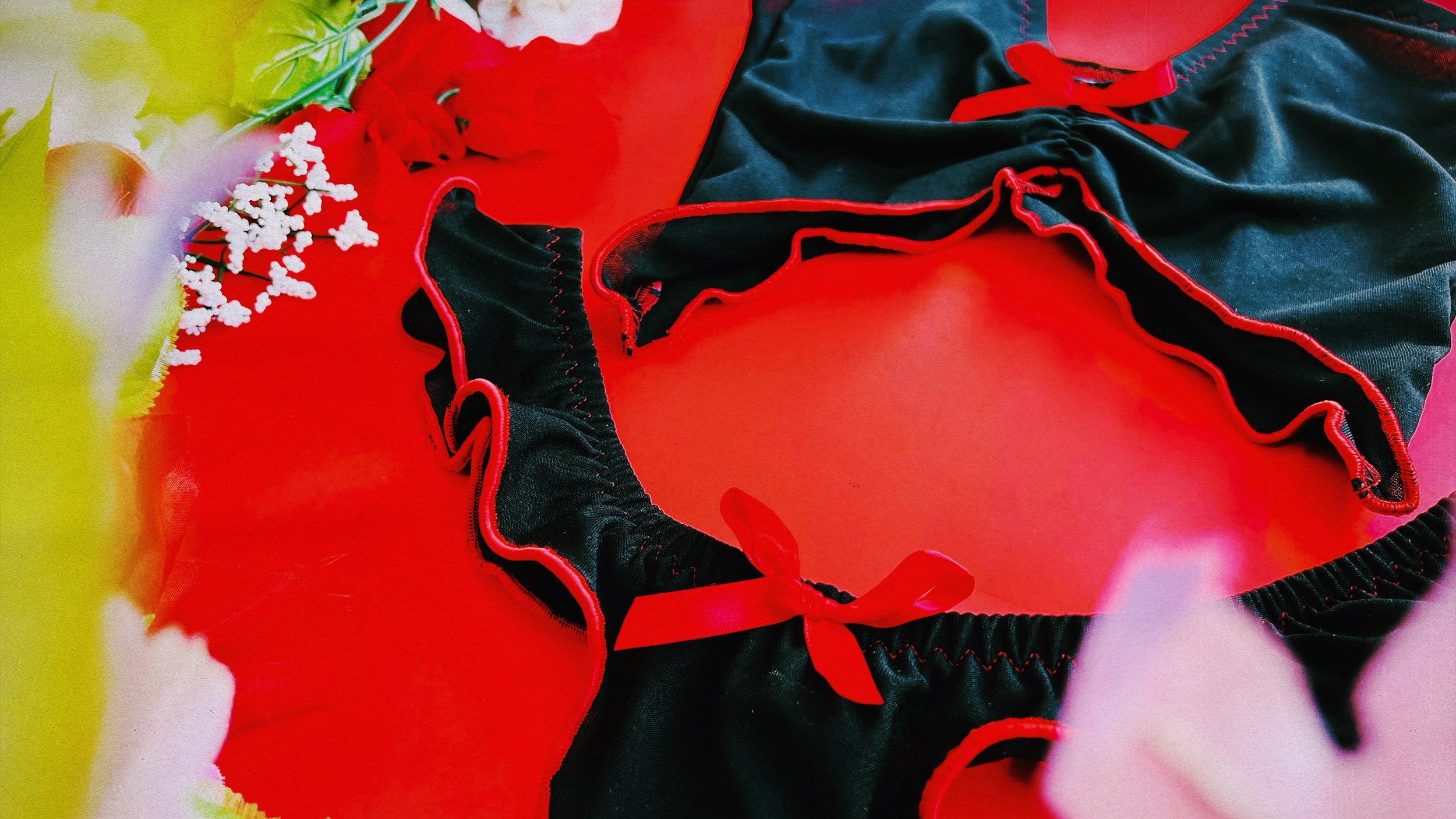 A close~up of the delicate black fabric and bold red bow on the waistband of the lingerie bottoms, with floral decorations in the background.