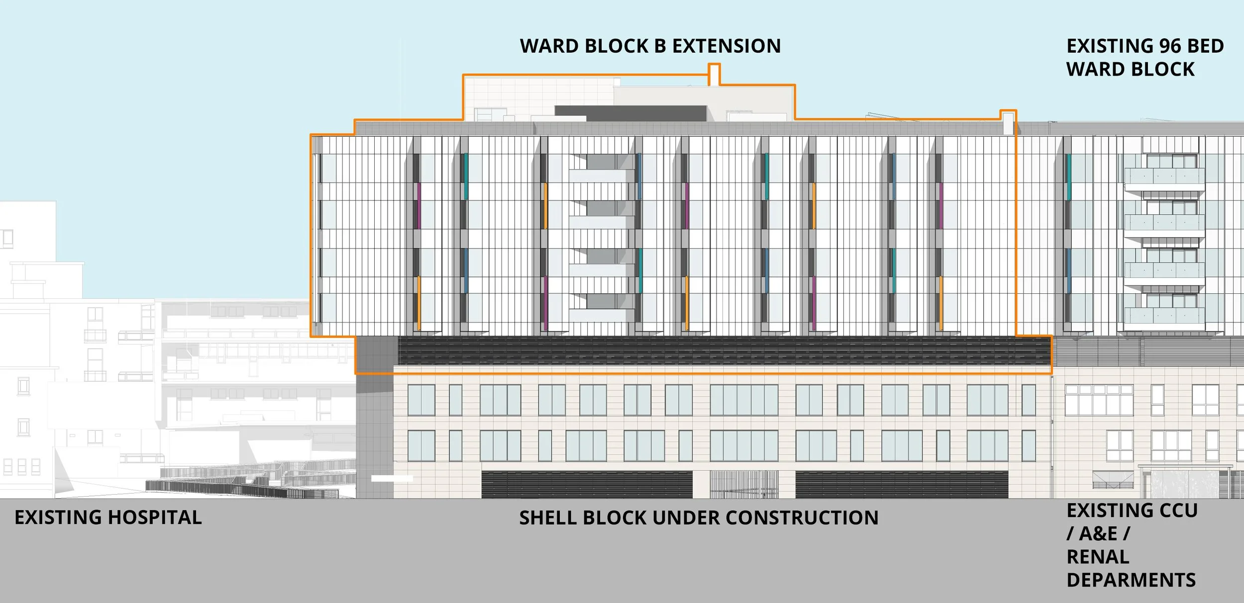 Architectural plan of a hospital building, showing the existing hospital, shell block under construction, and existing CCU and departmental areas, with labels indicating different sections and extensions.