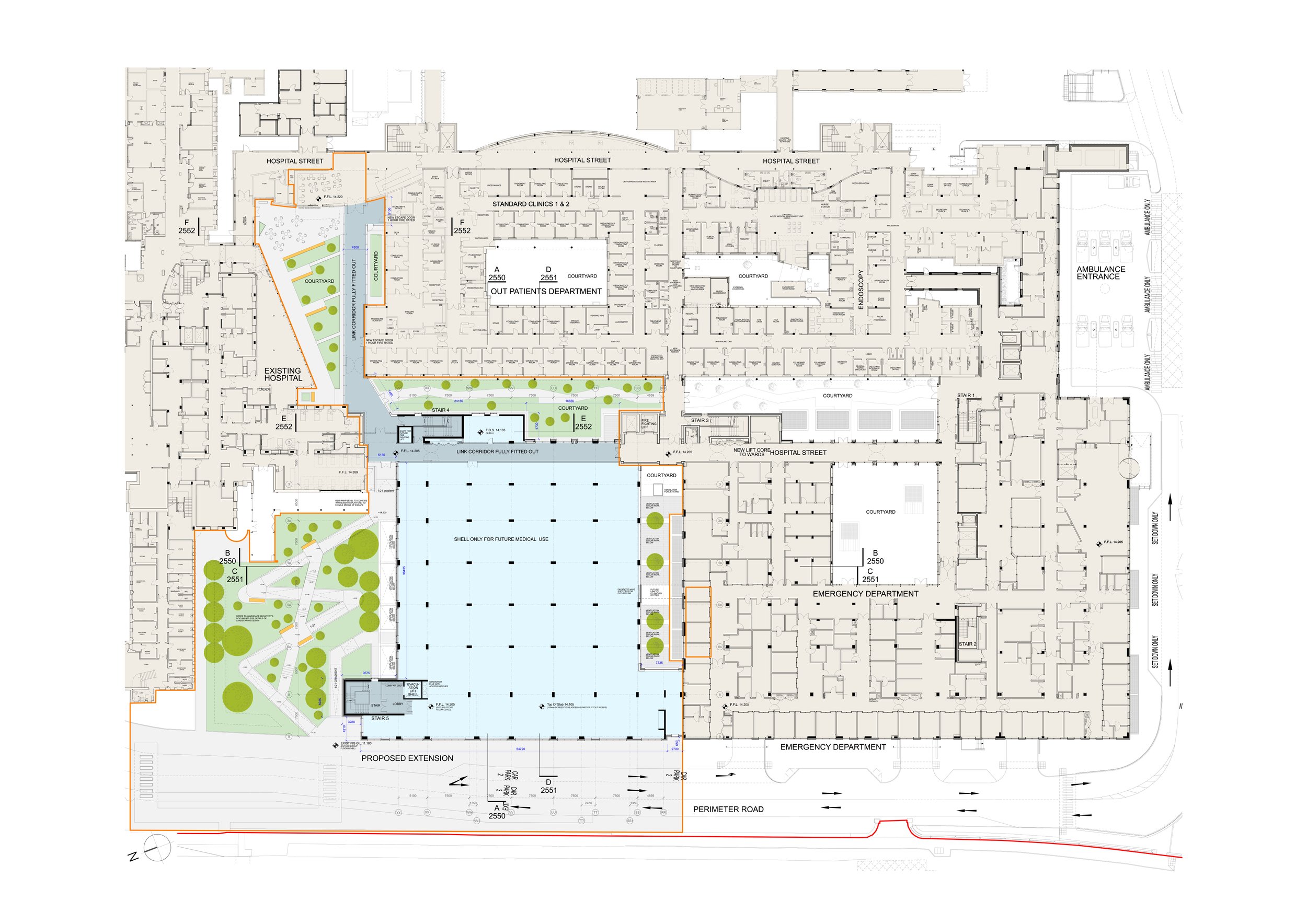 Detailed architectural floor plan of a hospital building, showing various rooms, courtyards, emergency departments, patient departments, and surrounding roads.