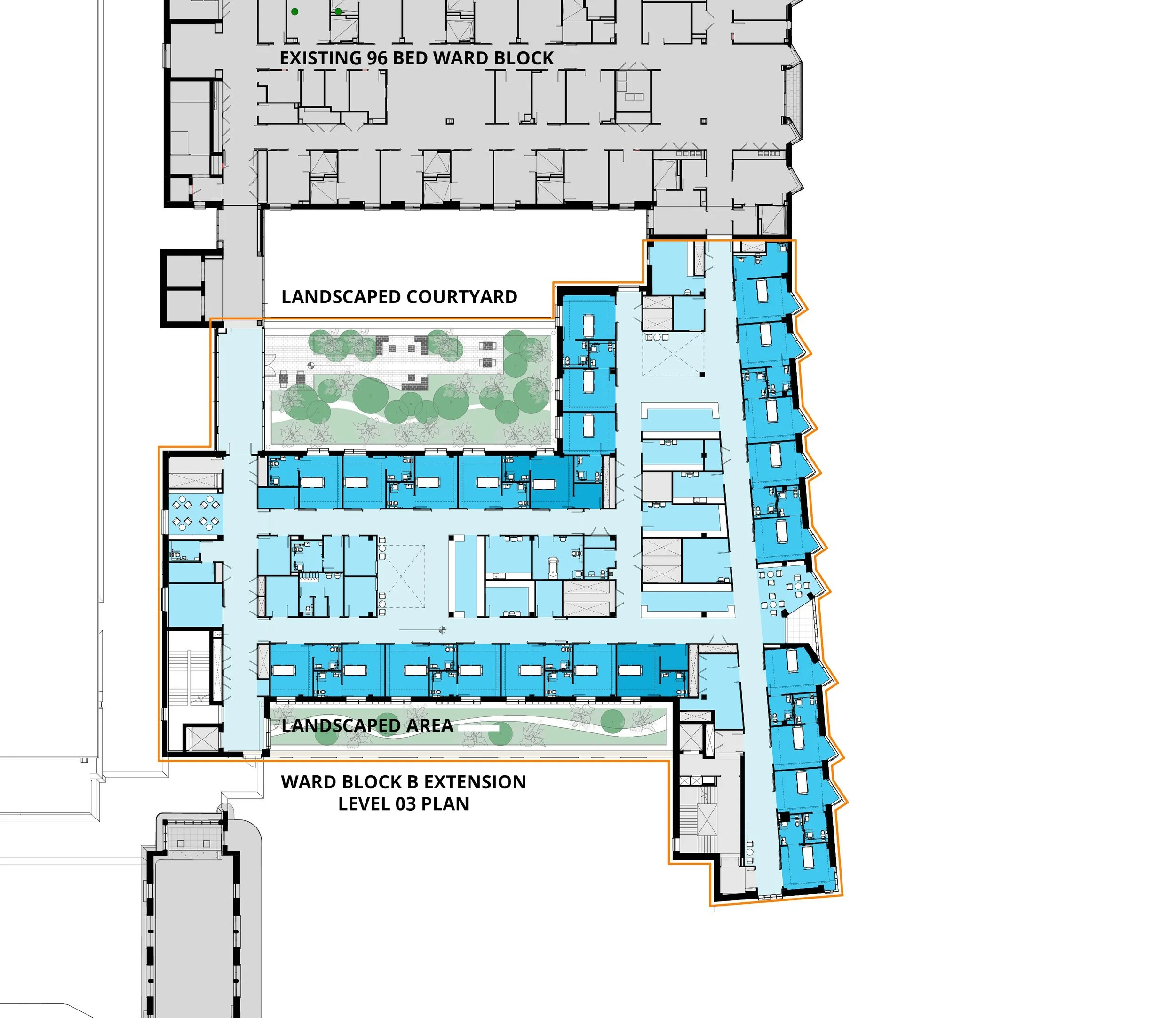 Floor plan diagram of a hospital section highlighting an existing 96-bed ward block, a landscaped courtyard, and an extension level 03 plan.