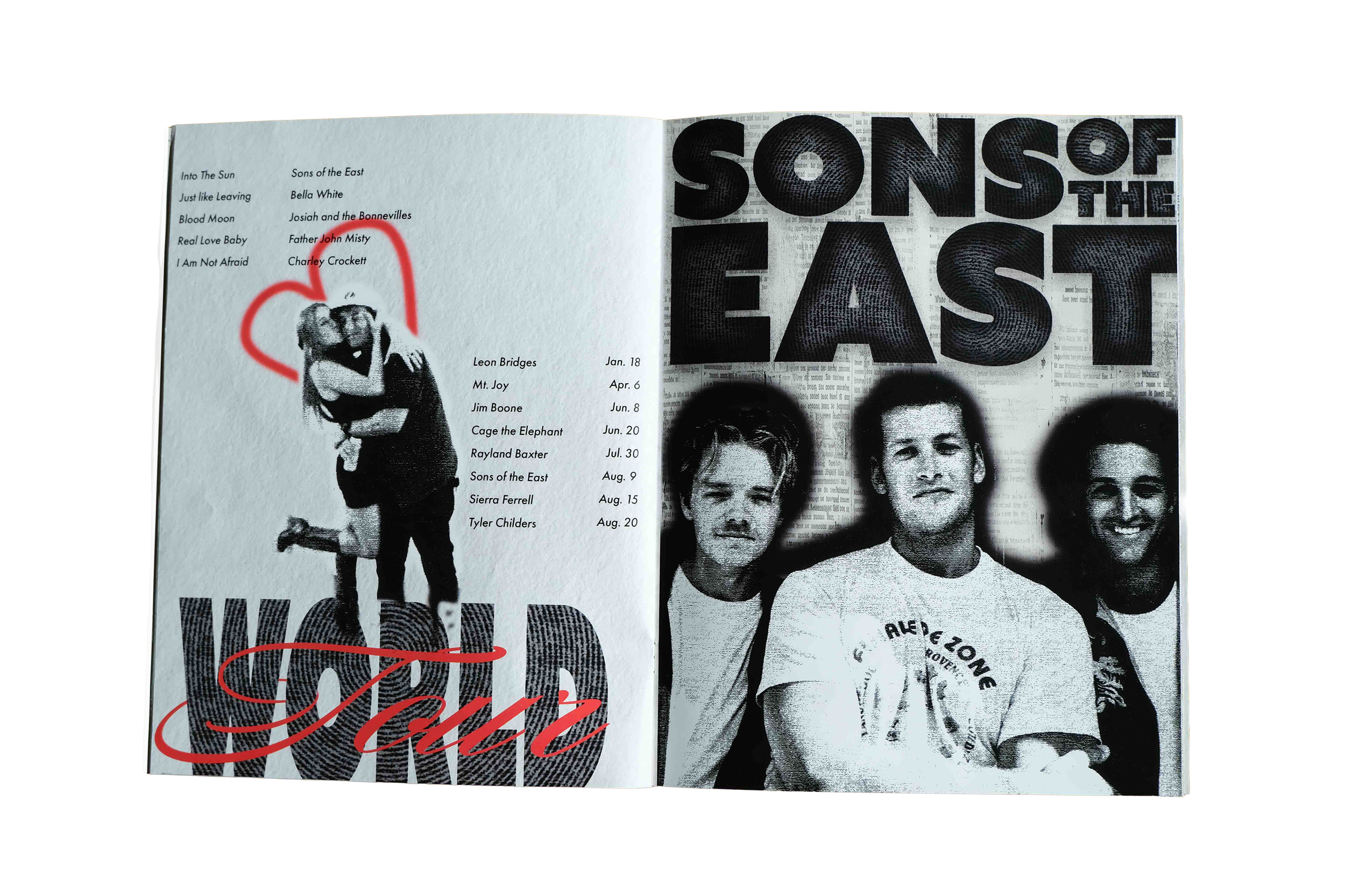 A magazine spread featuring the band Sons of the East with black-and-white photos of three band members and bold text reading "SONS OF THE EAST." The left page shows a list of song titles and artists along with a black-and-white sketch of a girl hugging a dog, marked with red marker and text.