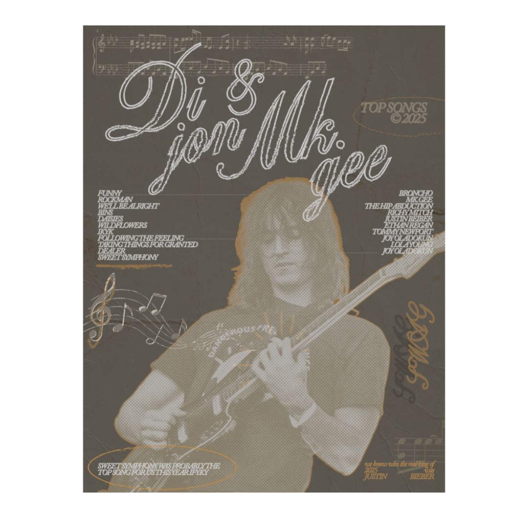 Album cover featuring a young person with curly hair playing an electric guitar. The text on the cover reads "Di & jon Mk.age" and lists various song titles and artists, with some phrases like "TOP SONGS ©2025" and a quote, "SWEET SYMPHONY WAS PROBAB
