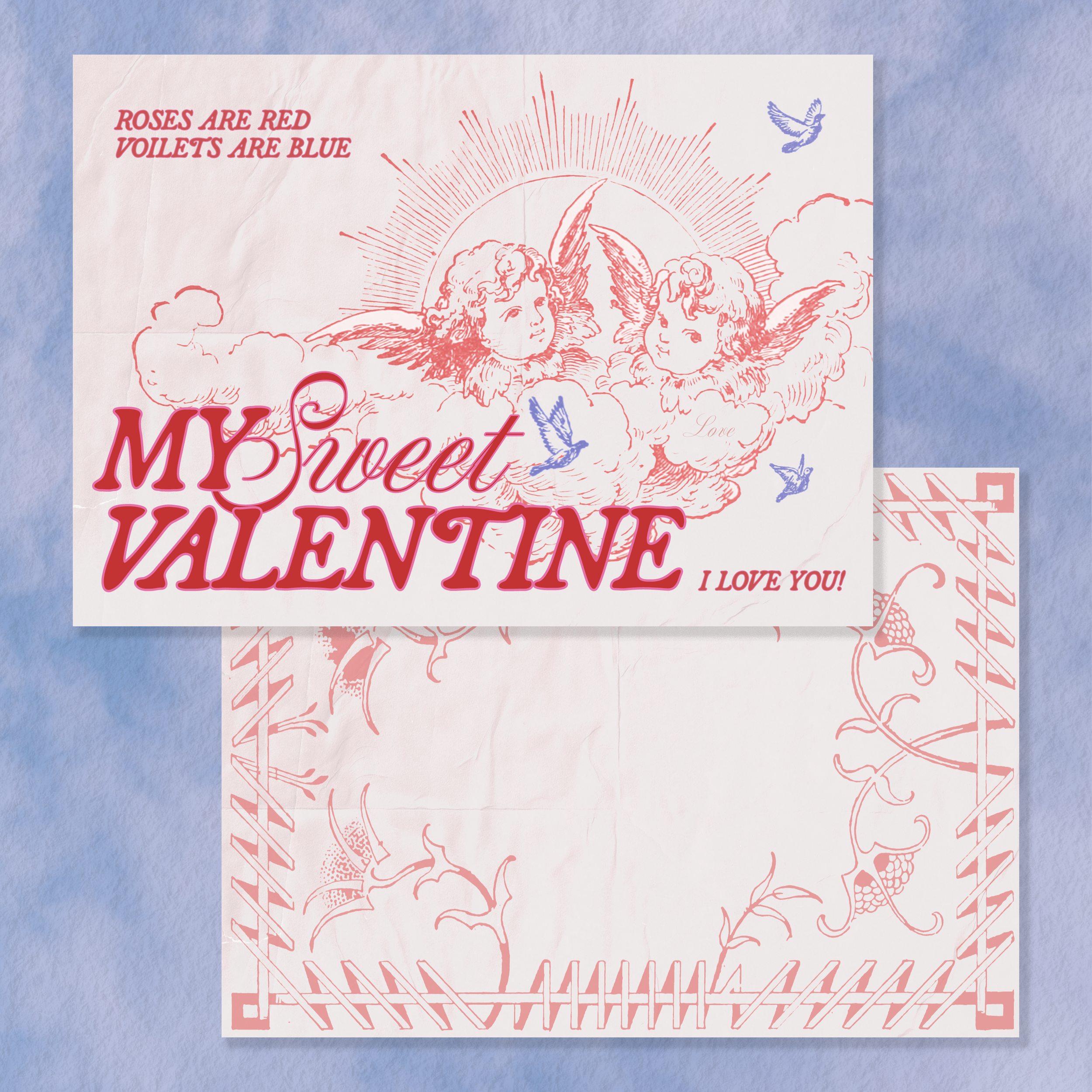 A Valentine's Day card with red and blue illustrations of cherubs, clouds, and birds, with a message about love.