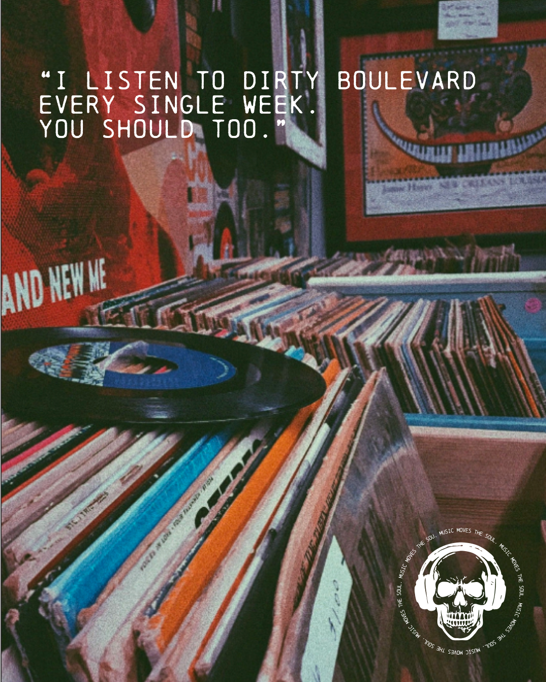A vinyl record on top of a collection of vinyl records in bins, with posters on the wall and a skull logo with headphones in the bottom right corner.