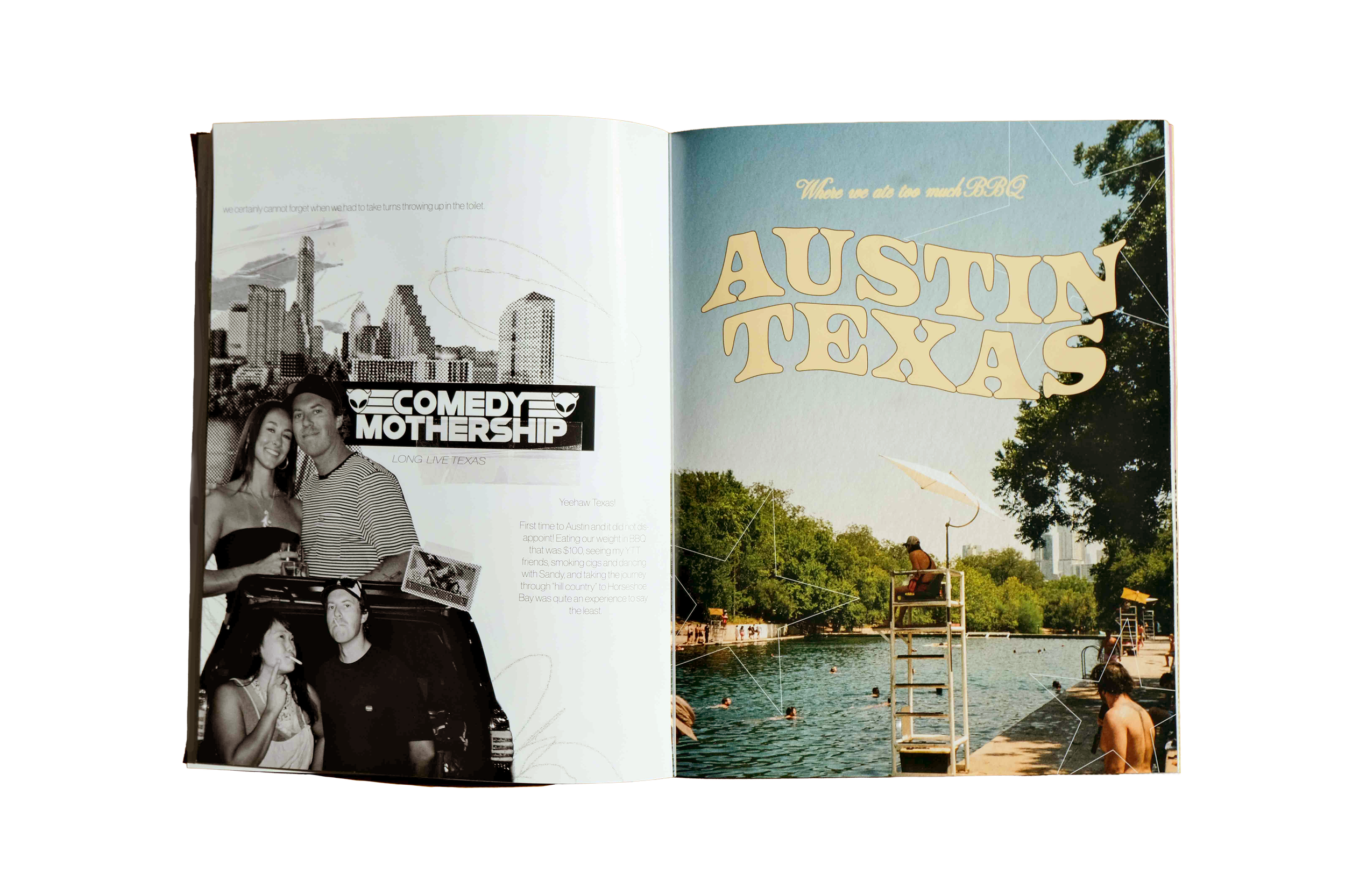 Open magazine showing a black-and-white photo of a group of people at a social gathering and a colorful photo of people at a park with trees, water, and a swimming pool.